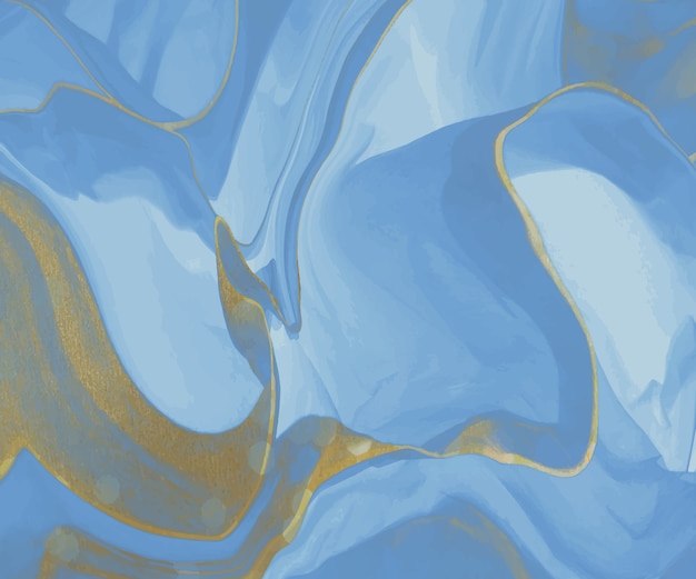  Blue liquid ink with golden glitter texture painting abstract pattern.