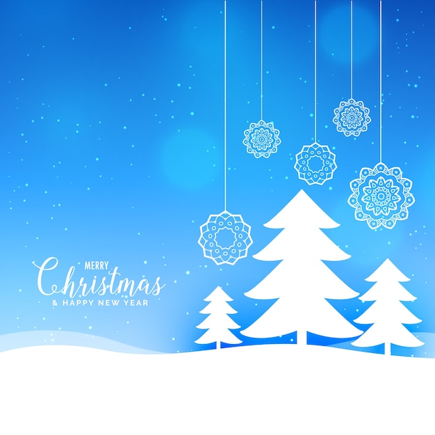 Blue merry christmas landscape background with\
paper style tree and balls