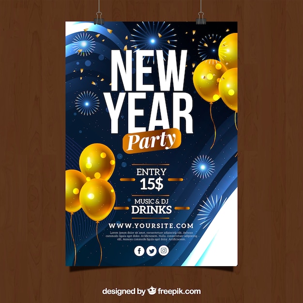 Free Vector | Blue new year party flyer template with yellow balloons