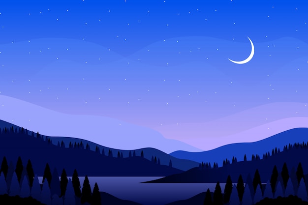 山の風景イラストと青い夜空 プレミアムベクター
