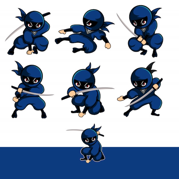 Blue ninja with seven different font Premium Vector