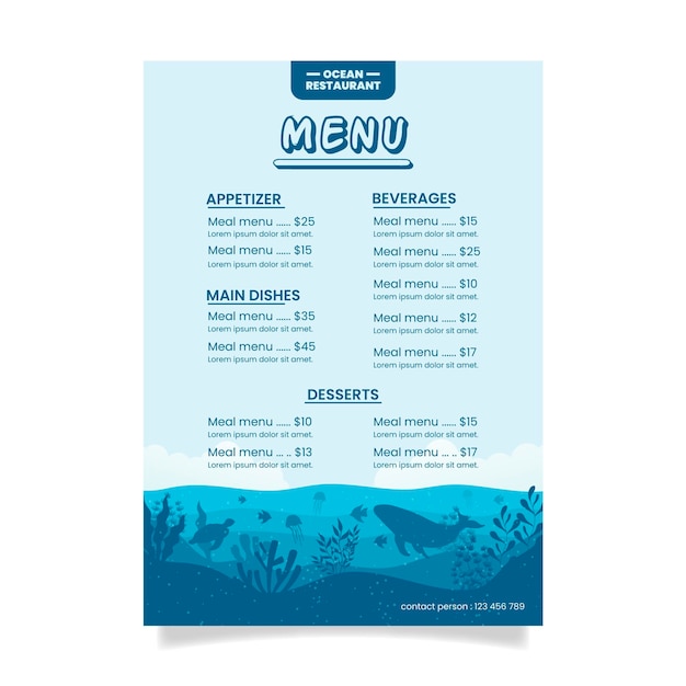 Blue ocean restaurant menu Free Vector