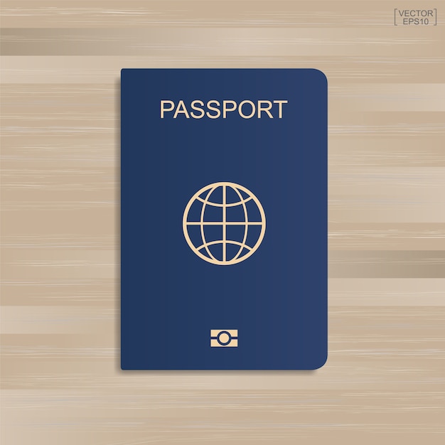 Blue passport on wood background. vector illustration. Premium Vector