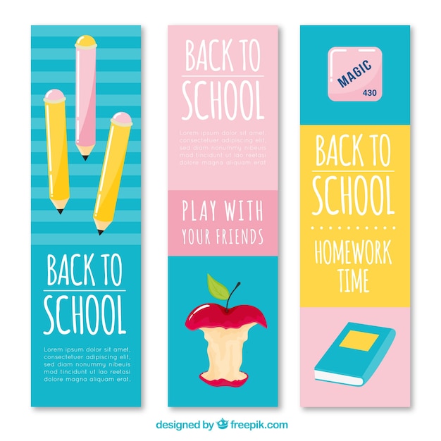 Free Vector | Blue, pink and yellow back to school banners