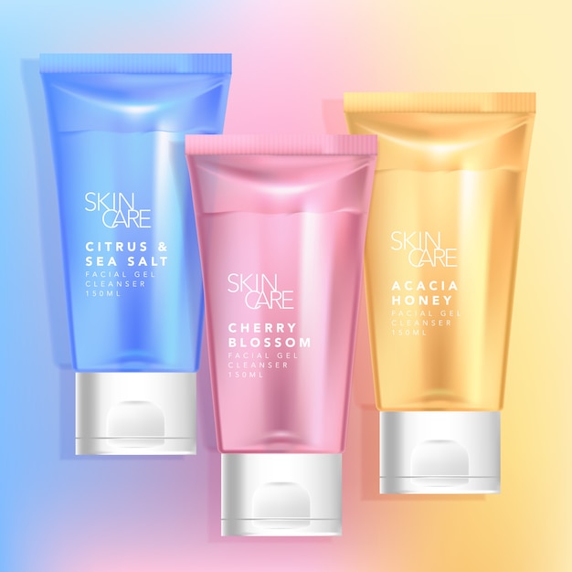 Download Premium Vector Blue Pink And Yellow Color Tinted Translucent Beauty Tube Packaging With White Flip Cap Yellowimages Mockups