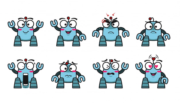 青いロボットキャラクターマスコットかわいい絵文字感情表現コレクションセット プレミアムベクター