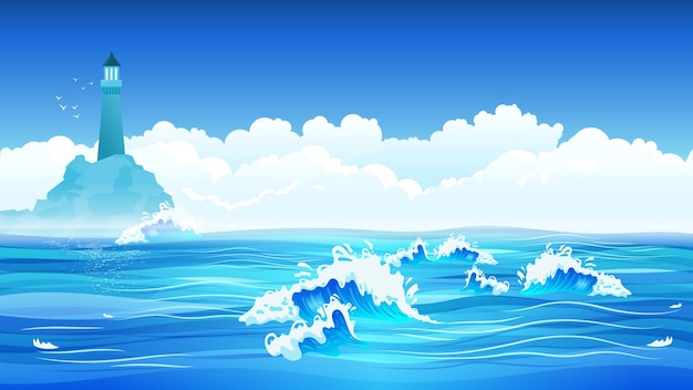 青い海の波灯台空雲イラスト 無料のベクター