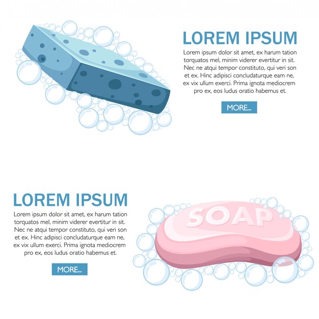 青いシャワースポンジとピンクの石鹸 泡の泡 カラフルなバスアイコン 白い背景のイラスト ウェブサイトや広告のためのシャワーとバスのコンセプト プレミアムベクター