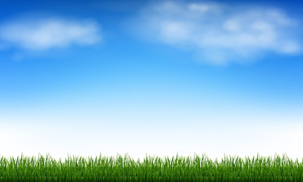 青い空と雲と緑の草 グラデーションメッシュ イラスト プレミアムベクター