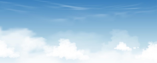 高層雲の背景と青い空 巻雲とベクトル漫画の空 晴れた日の春と夏の朝のすべての季節の地平線バナーをコンセプトします ベクトルイラストの地平線 プレミアムベクター