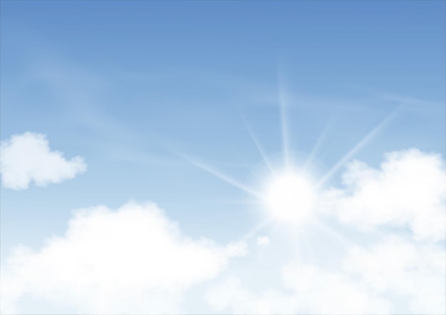 太陽が輝いて高層雲の背景と青い空 巻雲とベクトル漫画の空 晴れた日の春と夏の朝のすべての季節の地平線バナーをコンセプトします ベクトルイラスト プレミアムベクター