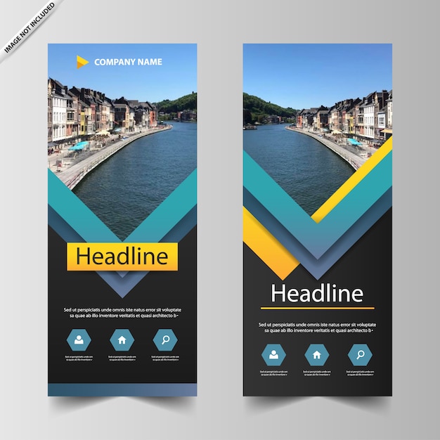 Blue triangle roll up banner template Premium Vector