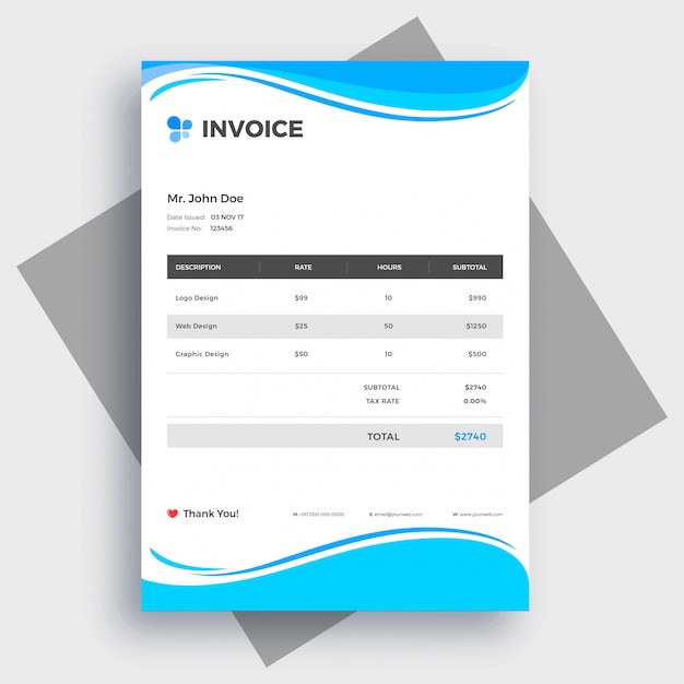 Premium Vector Blue wave invoice template design for your business.