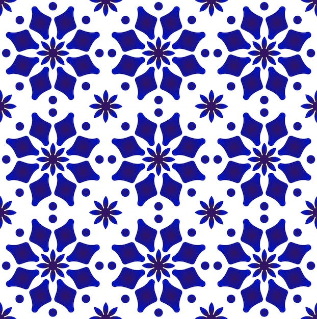 Blue and white ceramic tile pattern indigo arabesque style Premium Vector