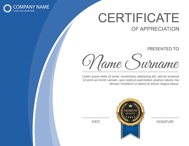 Premium Vector | Blue and white horizontal certificate template with medal