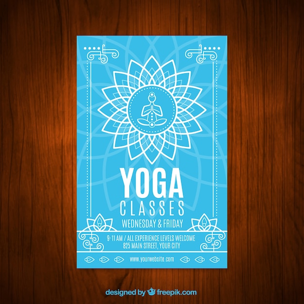 Blue yoga classes with a floral symbol\
flyer