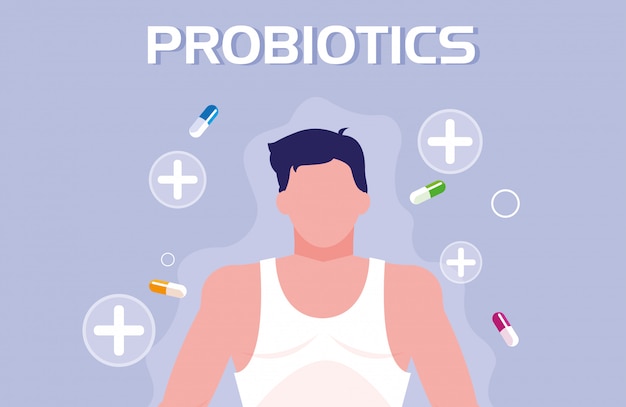 Body of man with capsules medicines probiotics Premium Vector