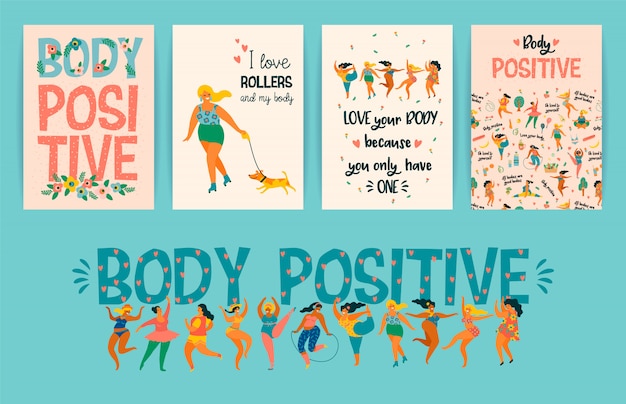 Body positive. happy plus size girls and active healthy lifestyle. Premium Vector