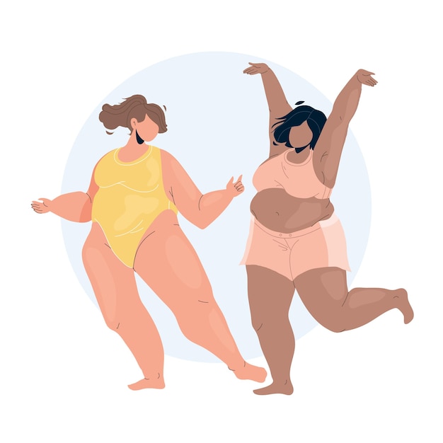 Vector | Body positive young woman couple dancing vector. girls with confidence and body in underwear lingerie dance together. characters lady funny happy time flat cartoon illustration