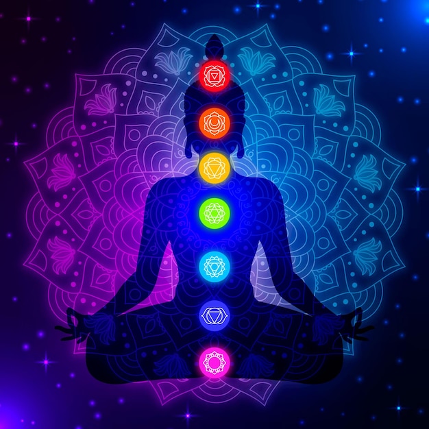 Body Silhouette With Colorful Chakras Free Vector