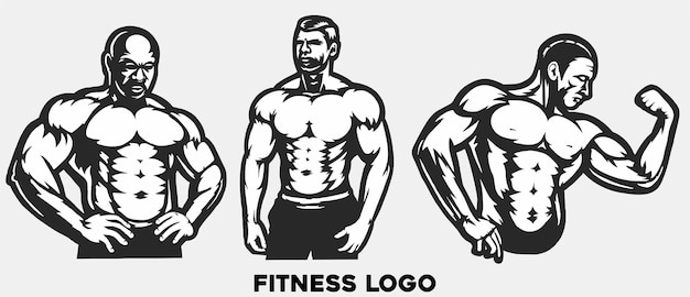 ポーズ ジムのロゴ 筋肉フィットネス トレーニング フラットイラストベクトルとボディービルダー プレミアムベクター