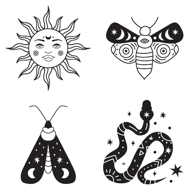 ボヘミアンイラスト 天体のヴィンテージデザイン 顔と太陽 様式化された図面 タロットカード デザイン ロゴ タトゥーの神秘的な要素 白い背景で隔離のベクトル図 プレミアムベクター