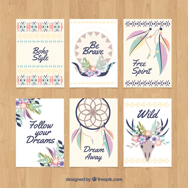 Free Vector | Boho cards collection with hippie elements