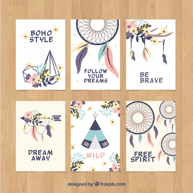 Boho Cards Collection With Hippie Elements Vector 