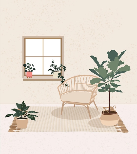 Premium Vector | Boho chair with window and plants