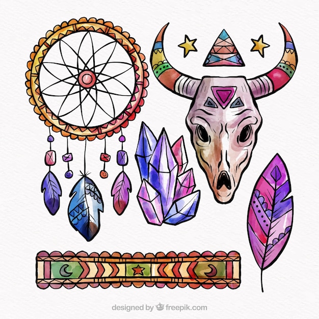 Download Boho elements collection in watercolor style | Free Vector