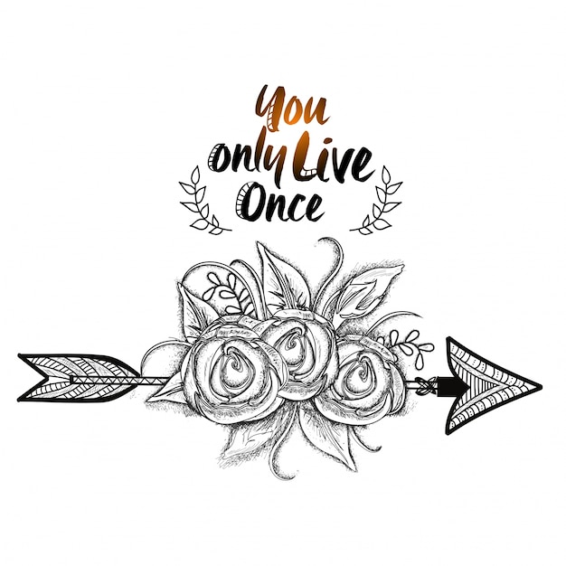 Boho style, Hand drawn flowers with ethnic\
arrow. Black and white illustration.