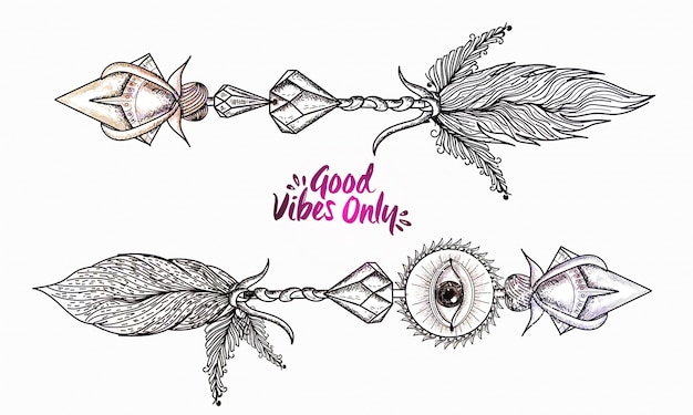 Boho style, hand drawn illustration of ornamental arrows with text good vibes only. Free Vector