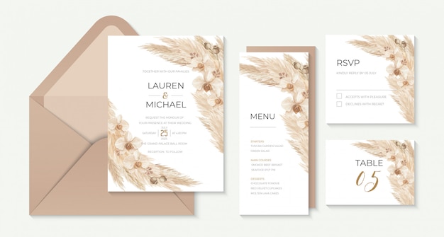 Premium Vector Boho Wedding Invitation Template With Pampas Grass And Orchids