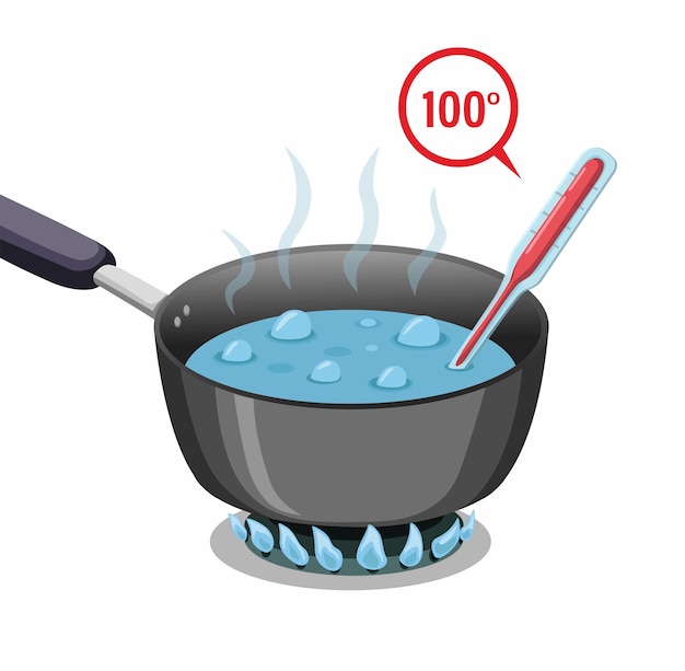 沸騰したお湯 分離された漫画イラストベクトルの温度計が付いている鍋に100度水 プレミアムベクター