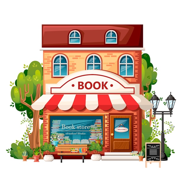 書店正面 都市の要素 ウェルカムサイン ベンチ 街灯 緑の茂み 木がある本屋 白い背景のイラスト プレミアムベクター