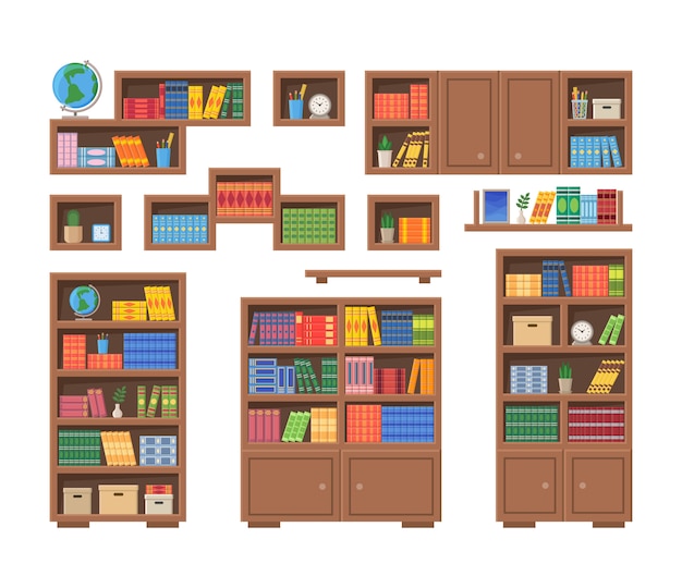 本やその他のオフィスアイテムの本棚 本棚が白い背景で隔離のベクトルイラスト プレミアムベクター