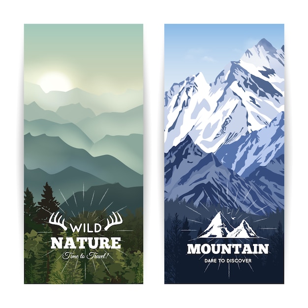 Bookmark like landscape banners of wild forest\
before haze hills and winter mountains