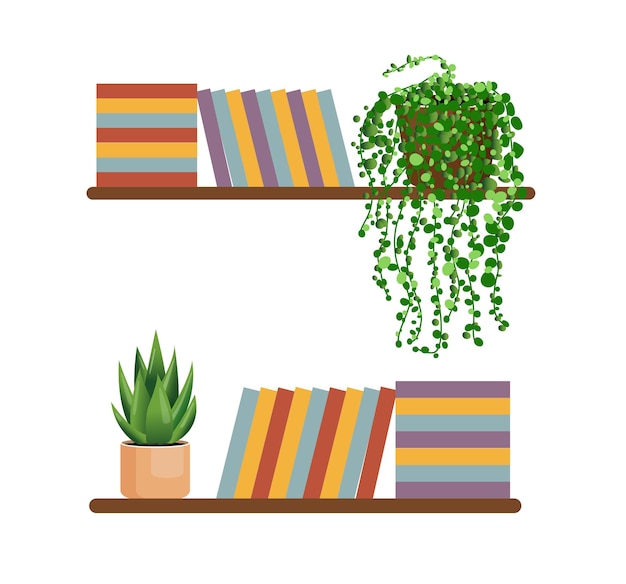 Premium Vector Bookshelves with stacks of books with house plants on