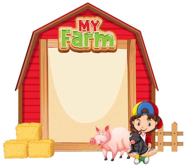 Download Border template design with girl and farm animals | Free Vector
