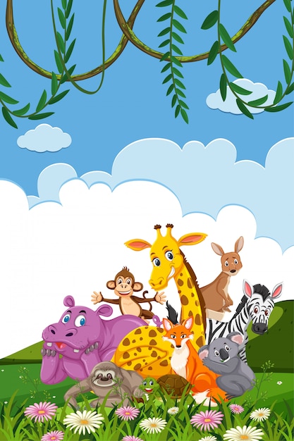 Download Premium Vector | Border template design with many wild animals in background