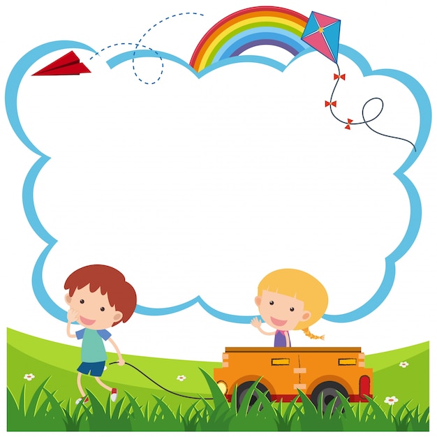 Premium Vector Border Template With Boy And Girl Playing Cart
