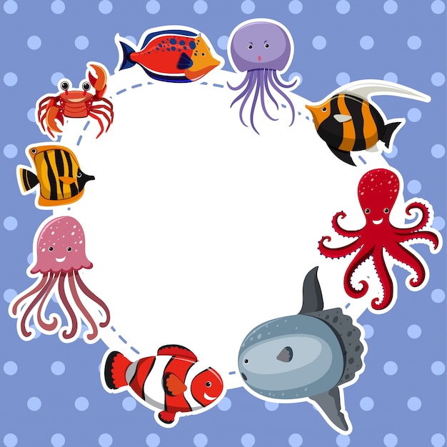 Premium Vector | Border template with sea animals on blue background