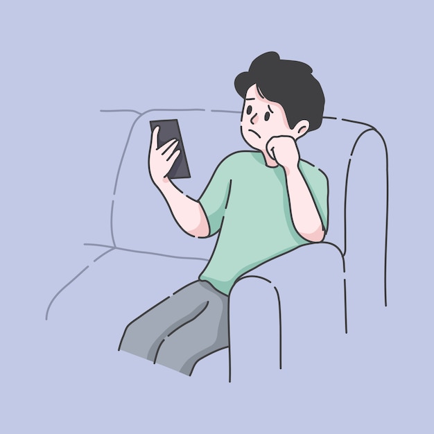 彼の電話のイラストを見て退屈したその男 プレミアムベクター