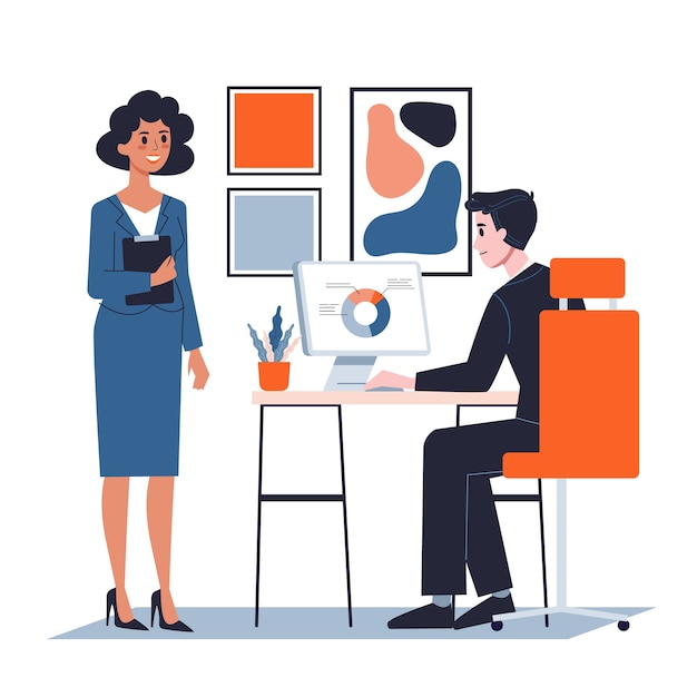 上司とオフィスの秘書 仕事と企業のビジネスのアイデア 机に座っているエグゼクティブ 漫画のスタイルのイラスト プレミアムベクター