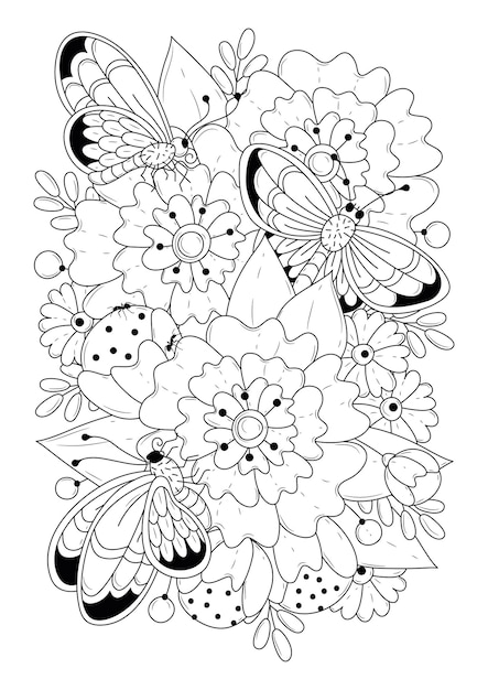 Download Premium Vector Botanical Coloring Page With Three Butterflies