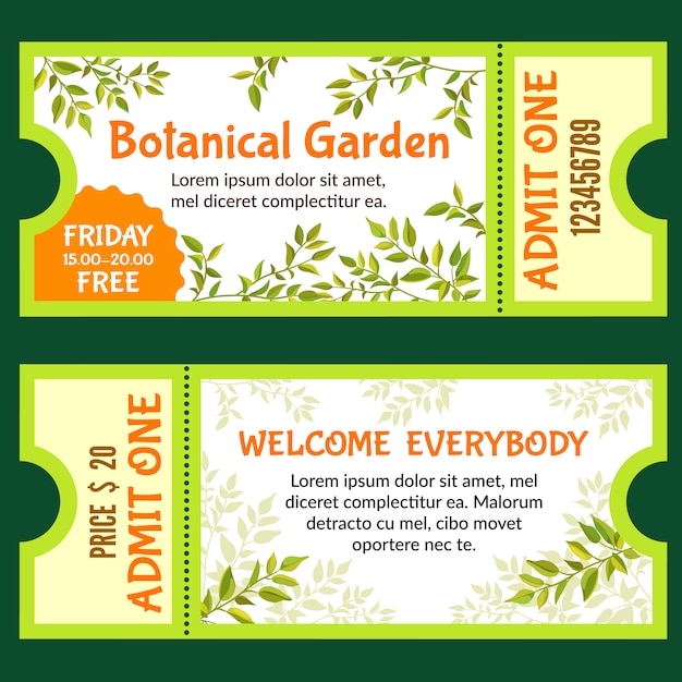 Premium Vector | Botanical garden tickets template with tropical plants.