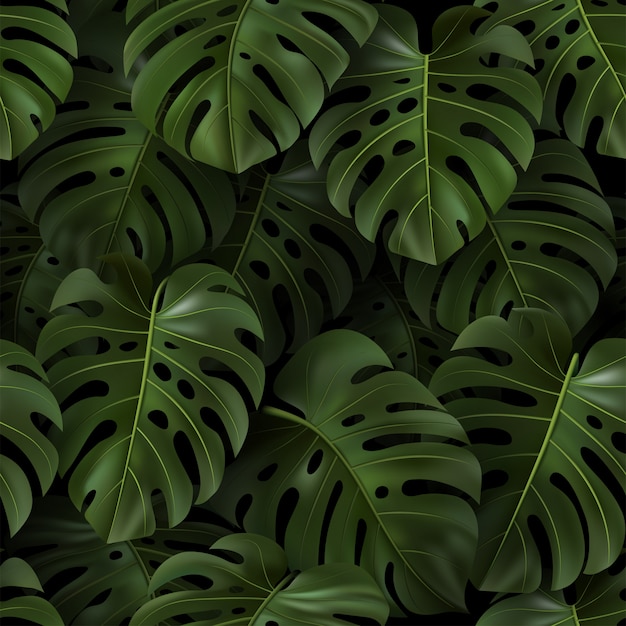 熱帯の緑と植物のイラストは 暗い背景にモンステラを残します テキスタイル ハワイアンスタイル 壁紙 サイト カード ファブリック Webの現実的なシームレスパターン テンプレート プレミアムベクター