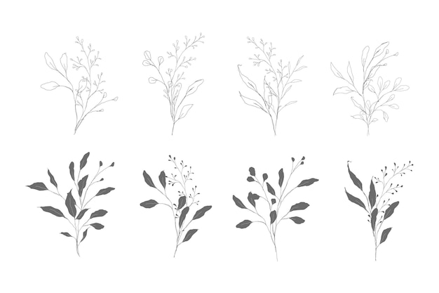 Premium Vector | Botanical line art of twigs and branches with leaves