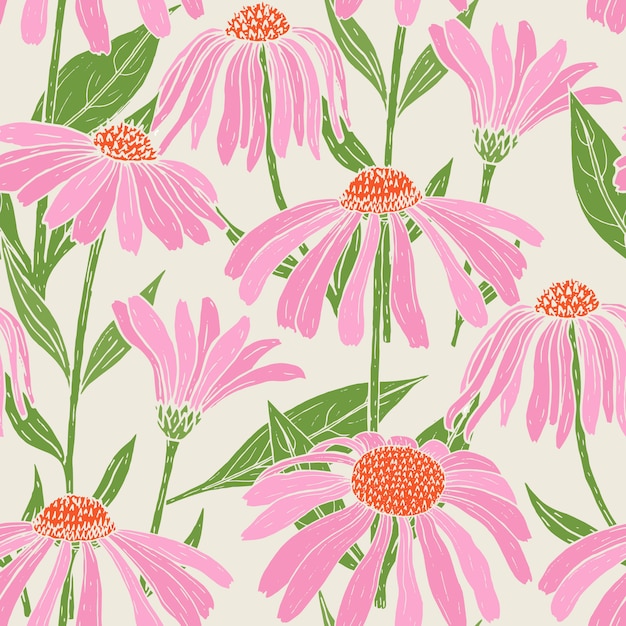 Botanical seamless pattern with gorgeous echinacea flowers, stems and leaves on light background. Pr