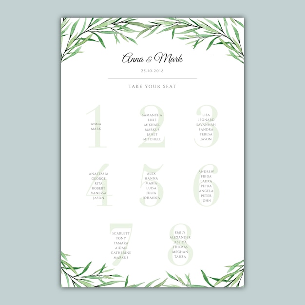 Premium Vector Botanical Watercolor Seating Chart For A Wedding Reception